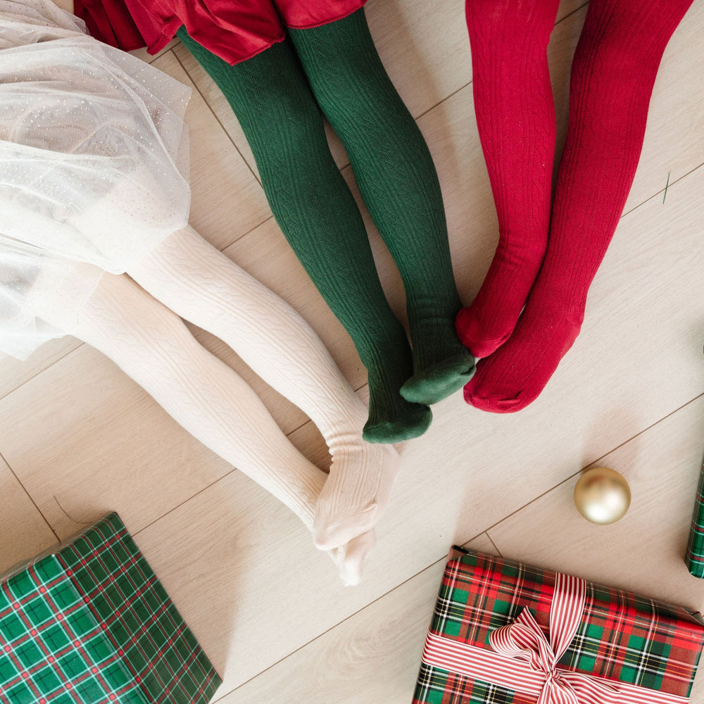 christmas cable knit tights for girls green, red and cream