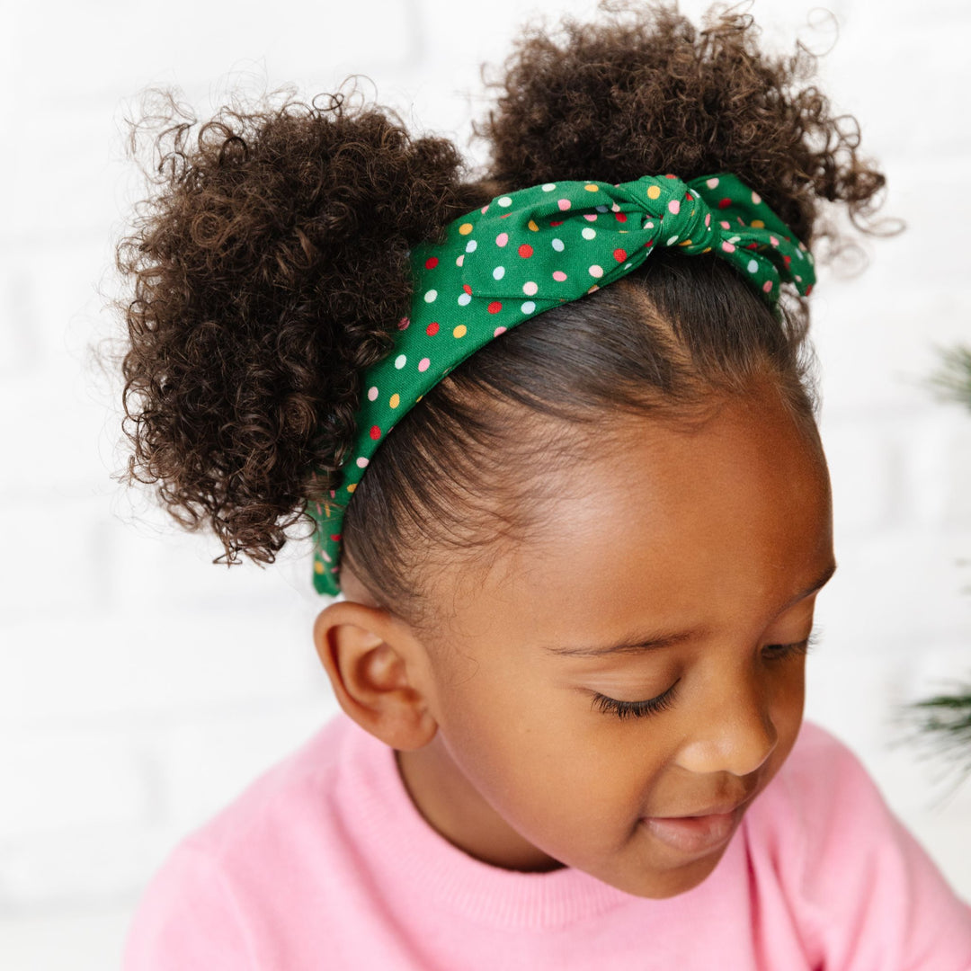 girls holiday green headband with colorful polka dots