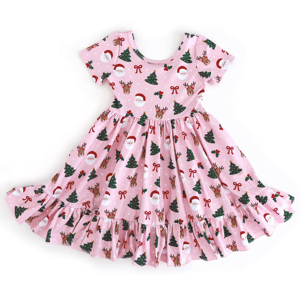girls' pink short sleeve twirl dress with Santa, reindeer, holly berries and Christmas tree design