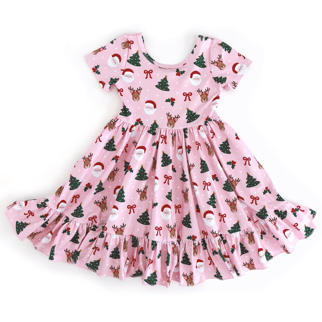 girls' pink short sleeve twirl dress with Santa, reindeer, holly berries and Christmas tree design
