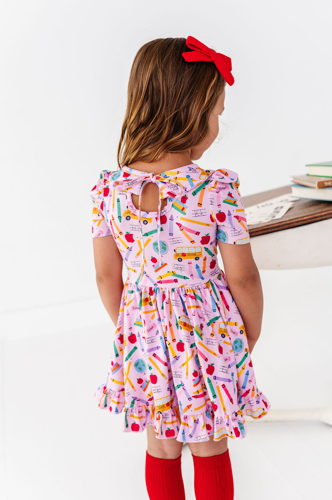back to school dress IMEKIS Outfits for Girls: First Day of Kindergarten Picture Day Toddler Little Kids 1st Grade Photos Clothes Casual Apple Pencil Print Ruffle Clothing Blue + Navy 3-4T The School is Cool Pocket Twirl Dress is perfect for school Girls' First Day of School