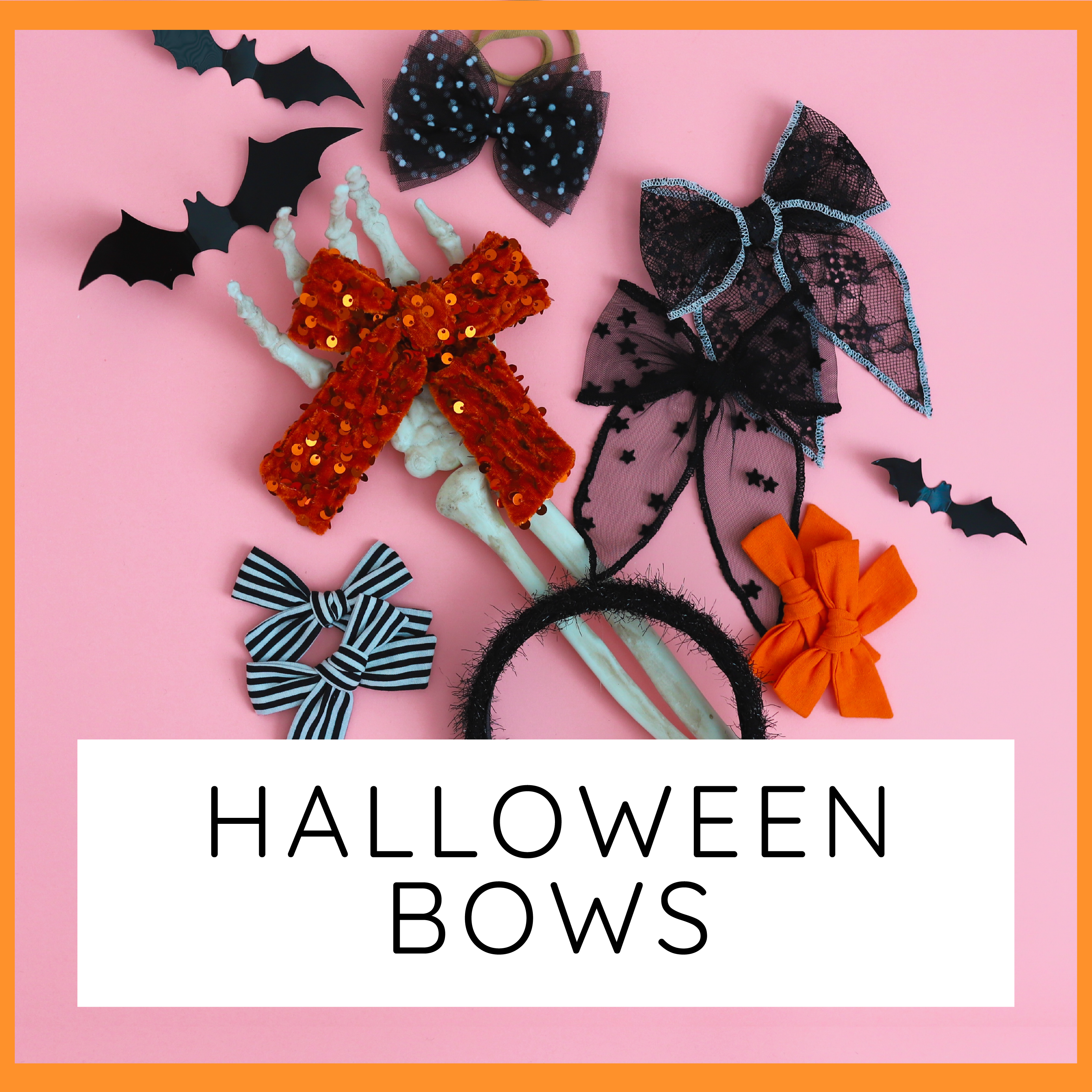 Halloween bows button with picture of girls halloween bows on pink background