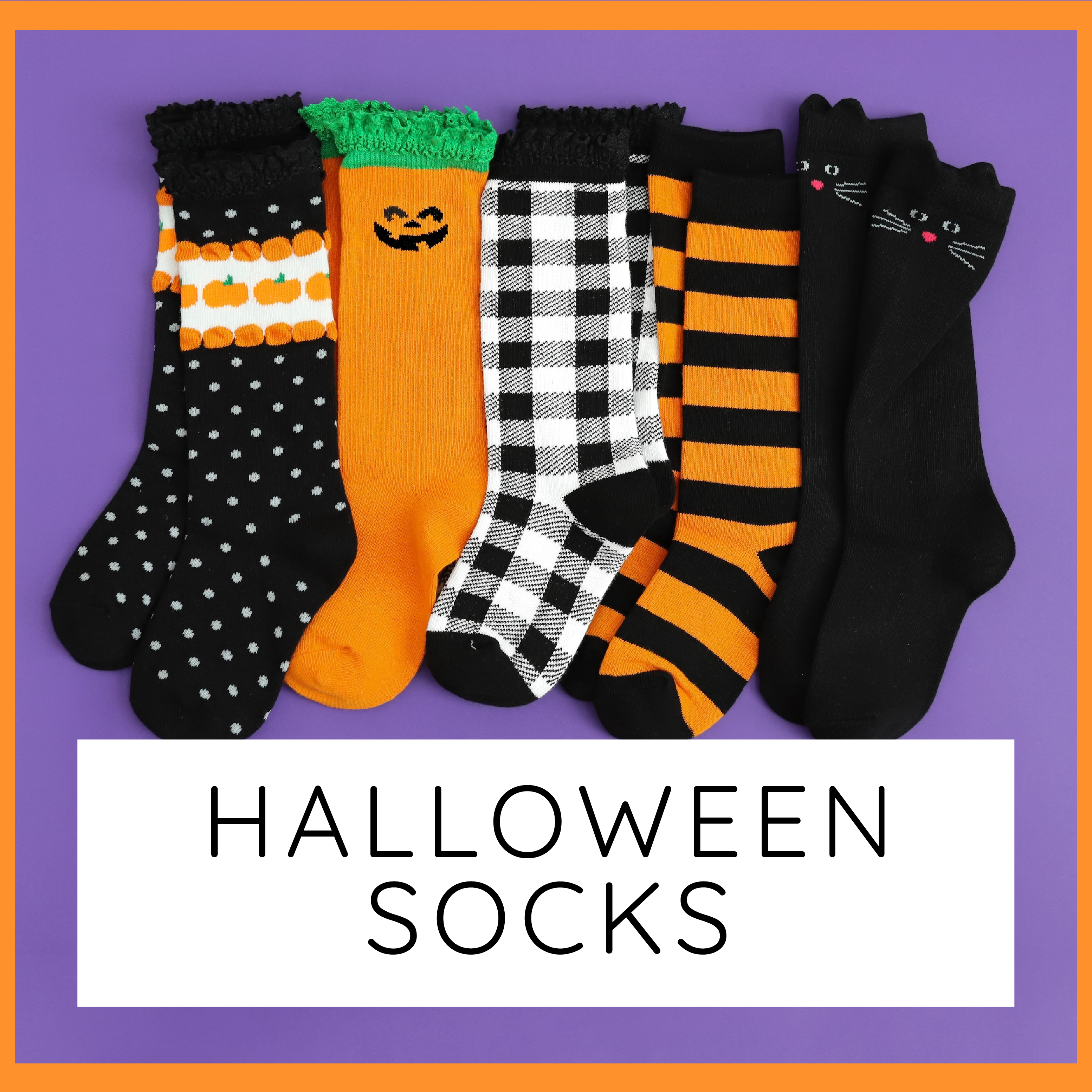 halloween socks button with picture of girls halloween socks on purple background