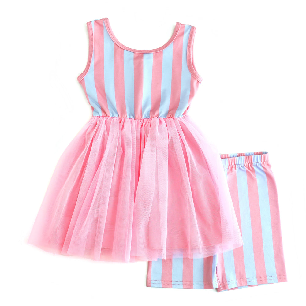 Little girls pink and blue cotton candy stripe dress with pink tutu and matching striped shorts