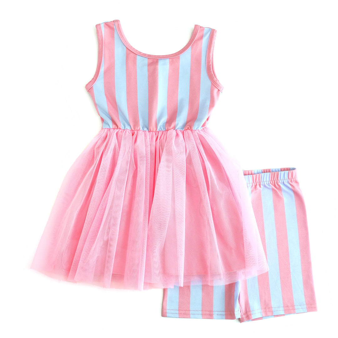 Little girls pink and blue cotton candy stripe dress with pink tutu and matching striped shorts