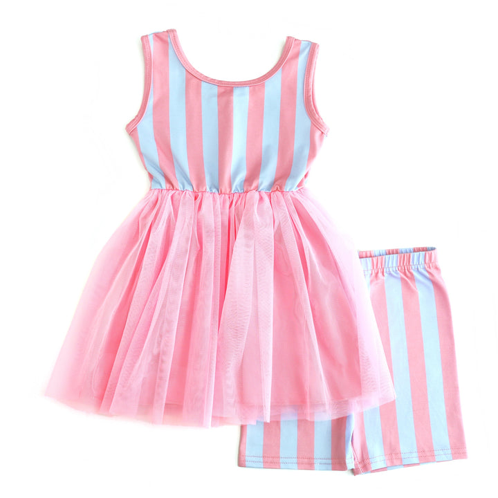 Little girls pink and blue cotton candy stripe dress with pink tutu and matching striped shorts