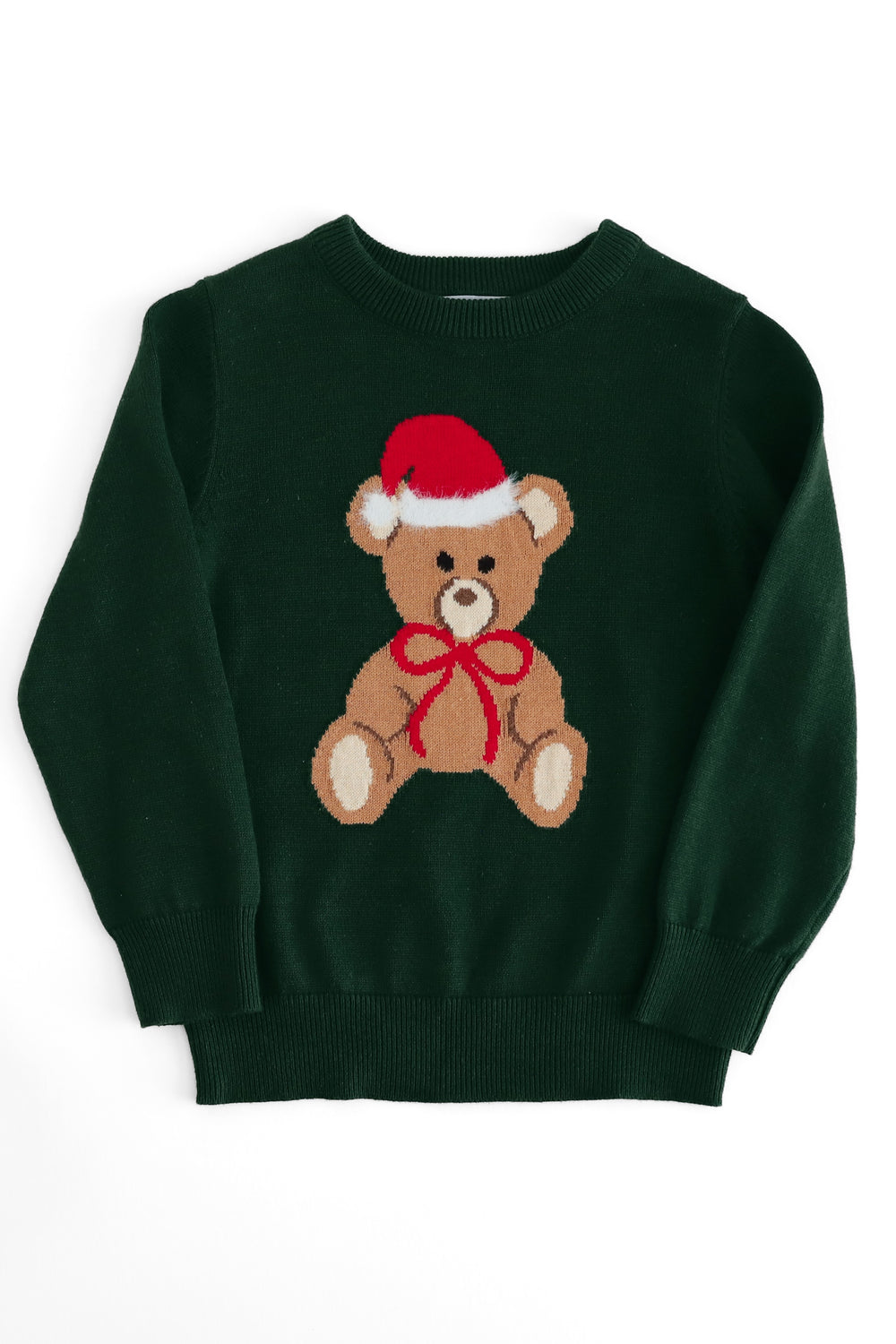Kids' forest green cotton knit pullover sweater featuring a teddy bear wearing a fluffy-trimmed Santa hat design for Christmas.