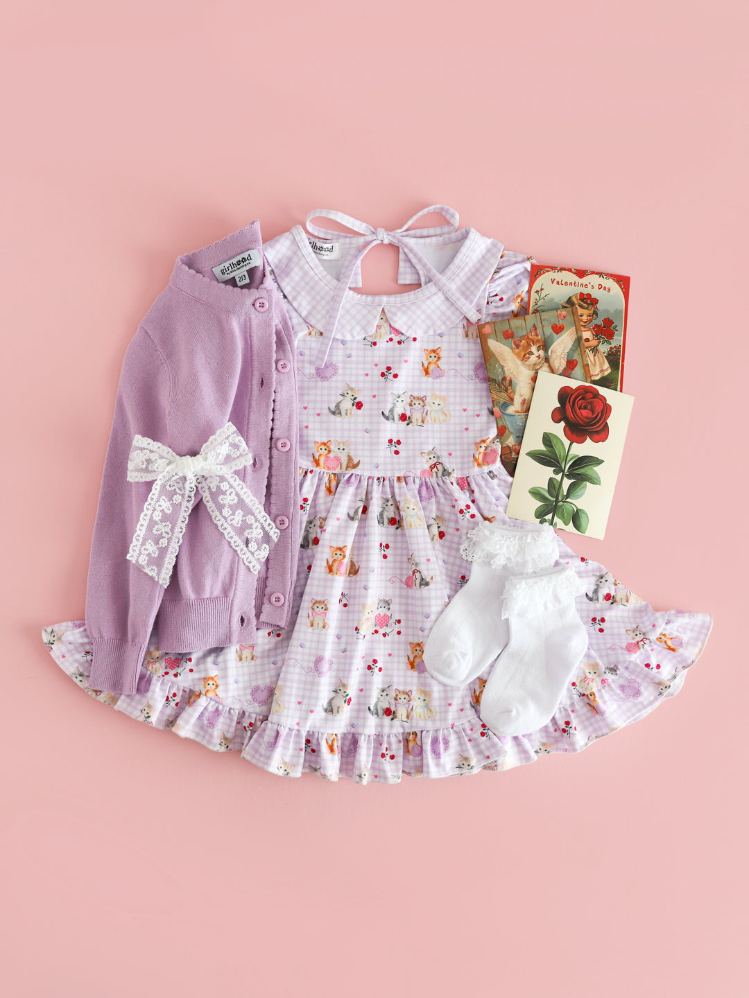 vintage valentines kitten print twirl dress with collar paired with lavender cotton knit cardigan and white lace bows and bobby socks