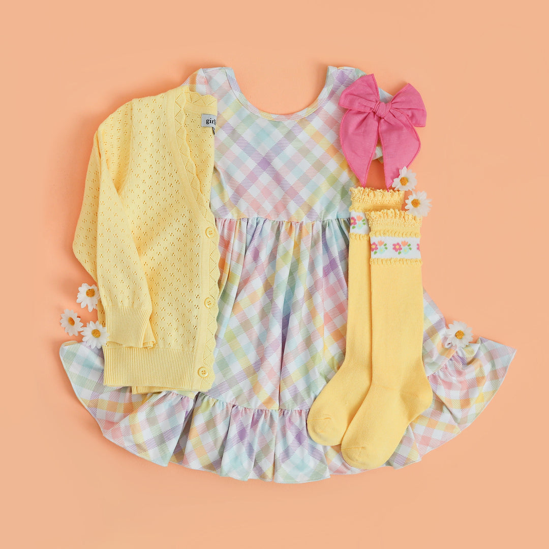 easter outfit for girls with matching pointelle sweater and knee high socks