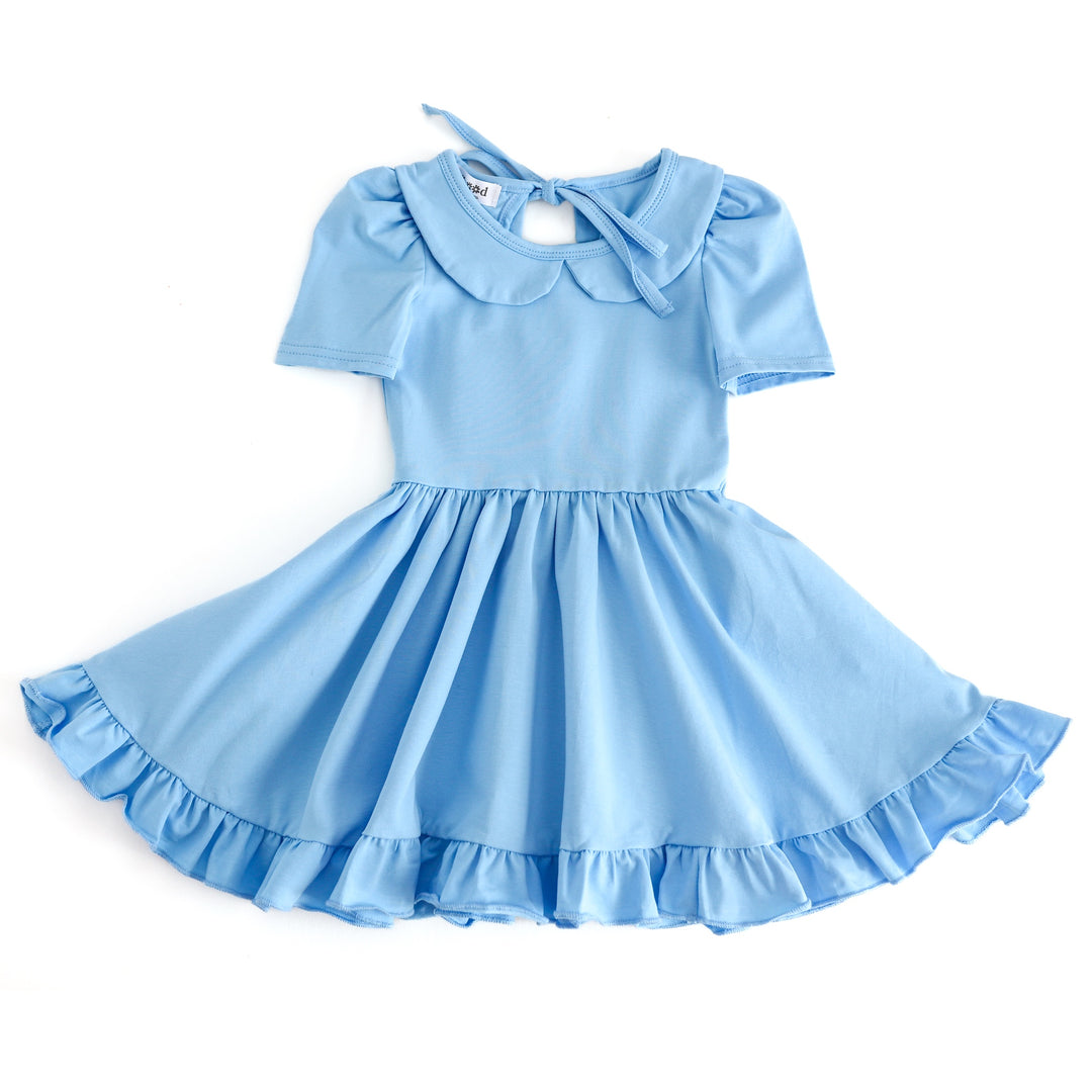 girls' shot sleeve, spring blue cotton blend twirl dress with peter pan collar, tie back and ruffled trim