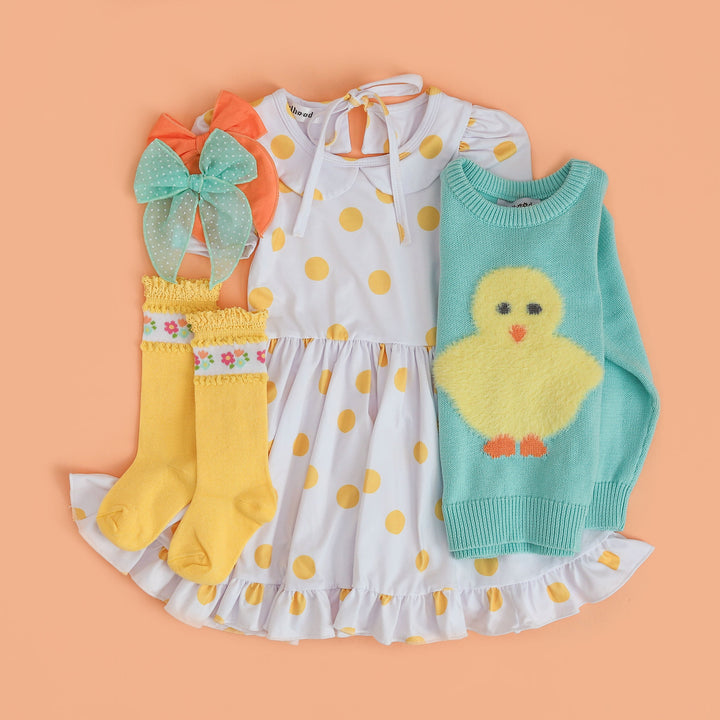 girls easter outfit yellow polka dot twirl dress with matching chick knit sweater