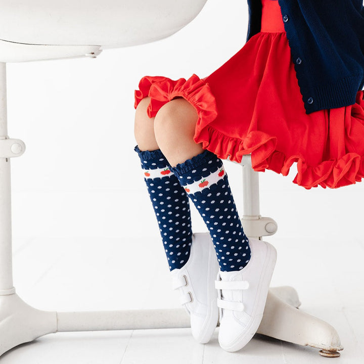 back to school knee high socks navy with red apples