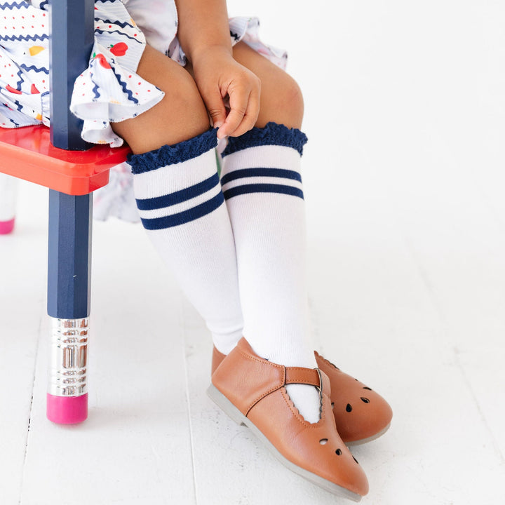 Bright Navy Striped Lace Top Knee High Socks