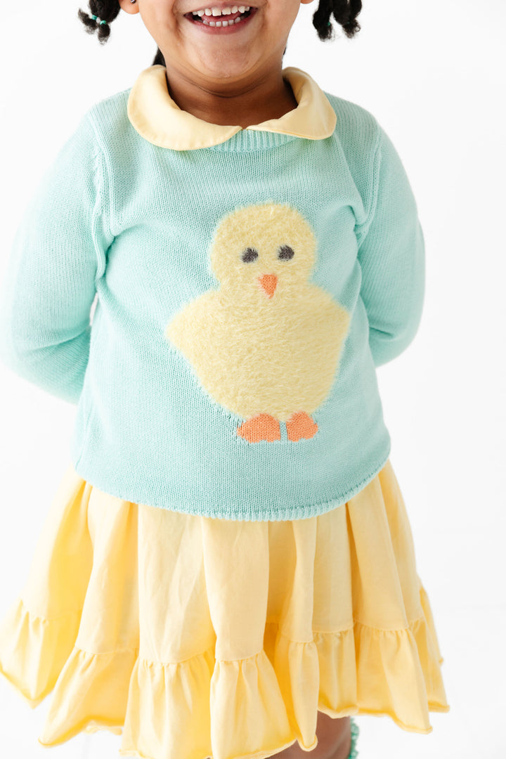 girls knit sweater with fluffy yarn chick for easter