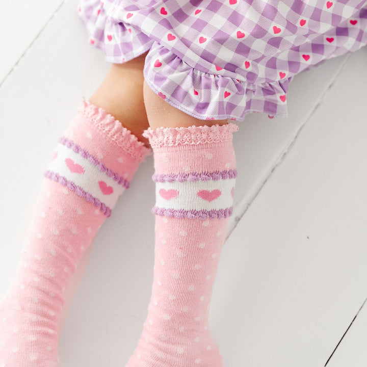 girls pink and purple heart knee high socks for valentines day