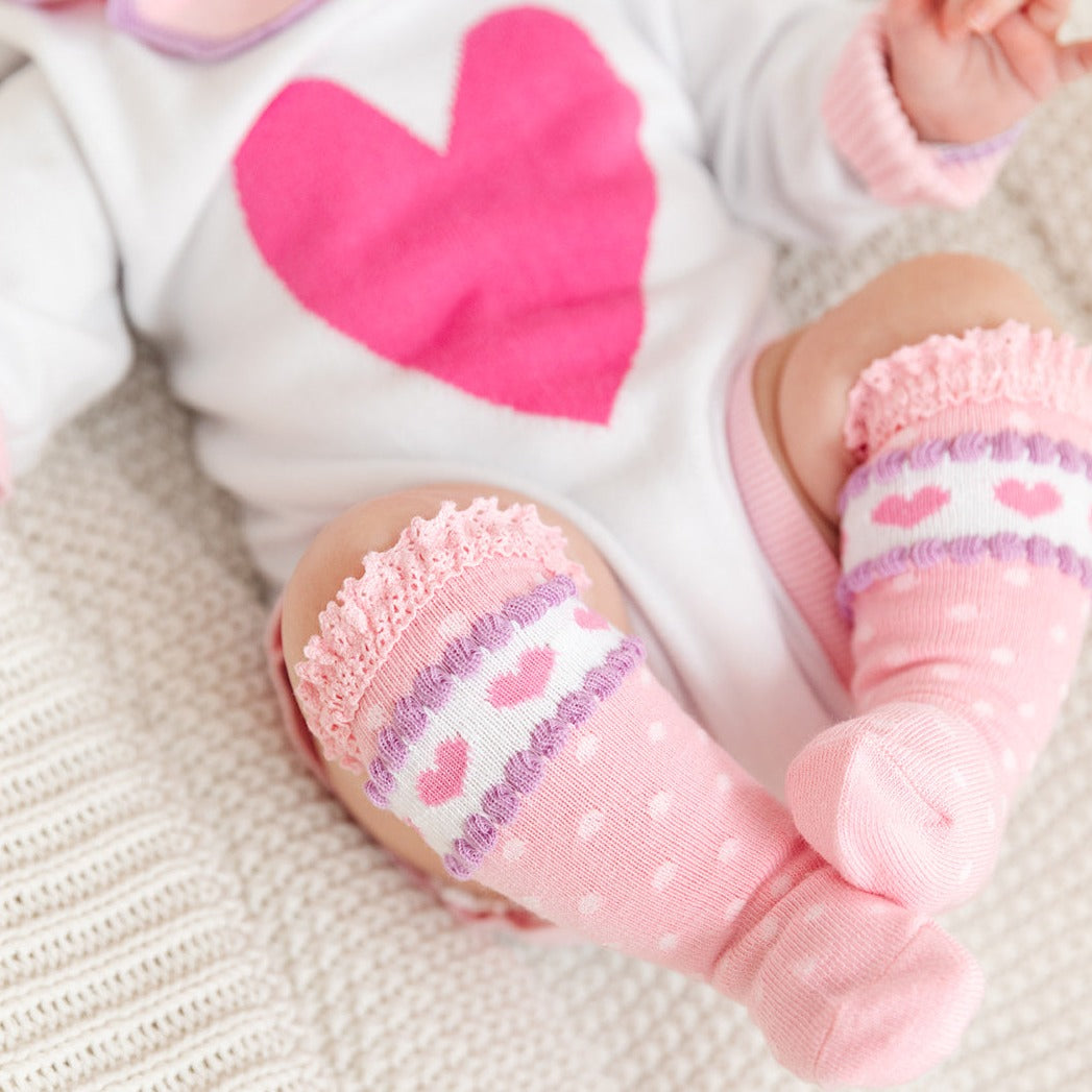 baby knee high socks with pink and purple hearts