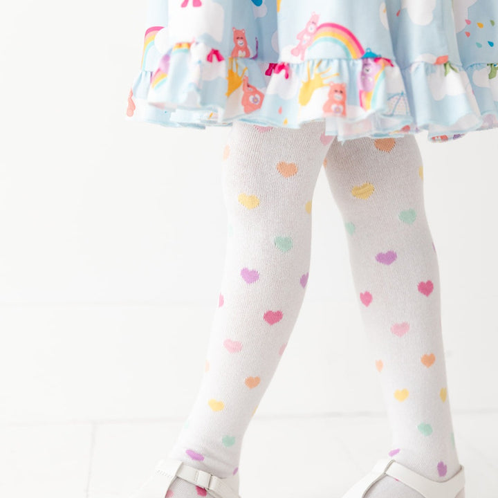 rainbow bears dress paired with matching rainbow heart cotton tights