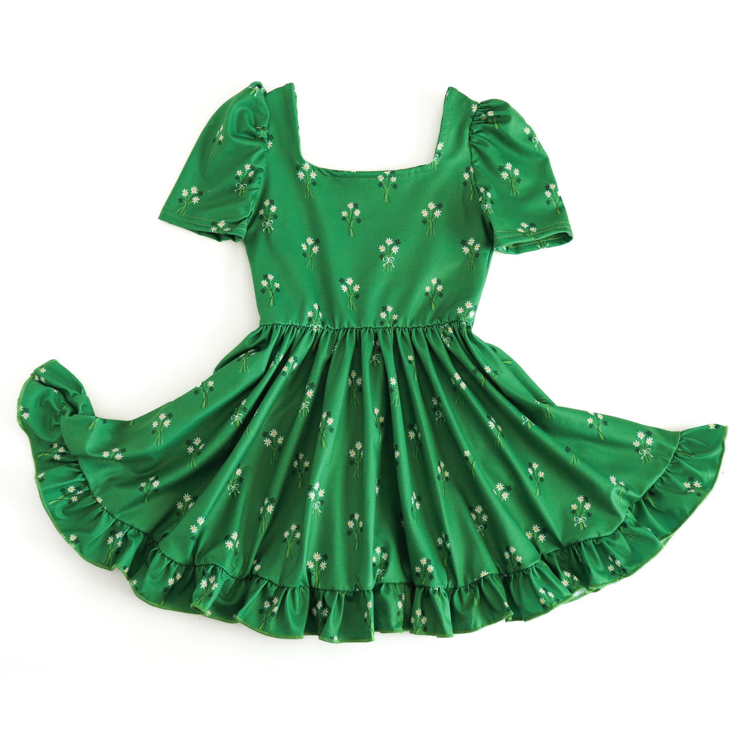 girls' green st. patricks day dress with daisy & shamrock bouquets