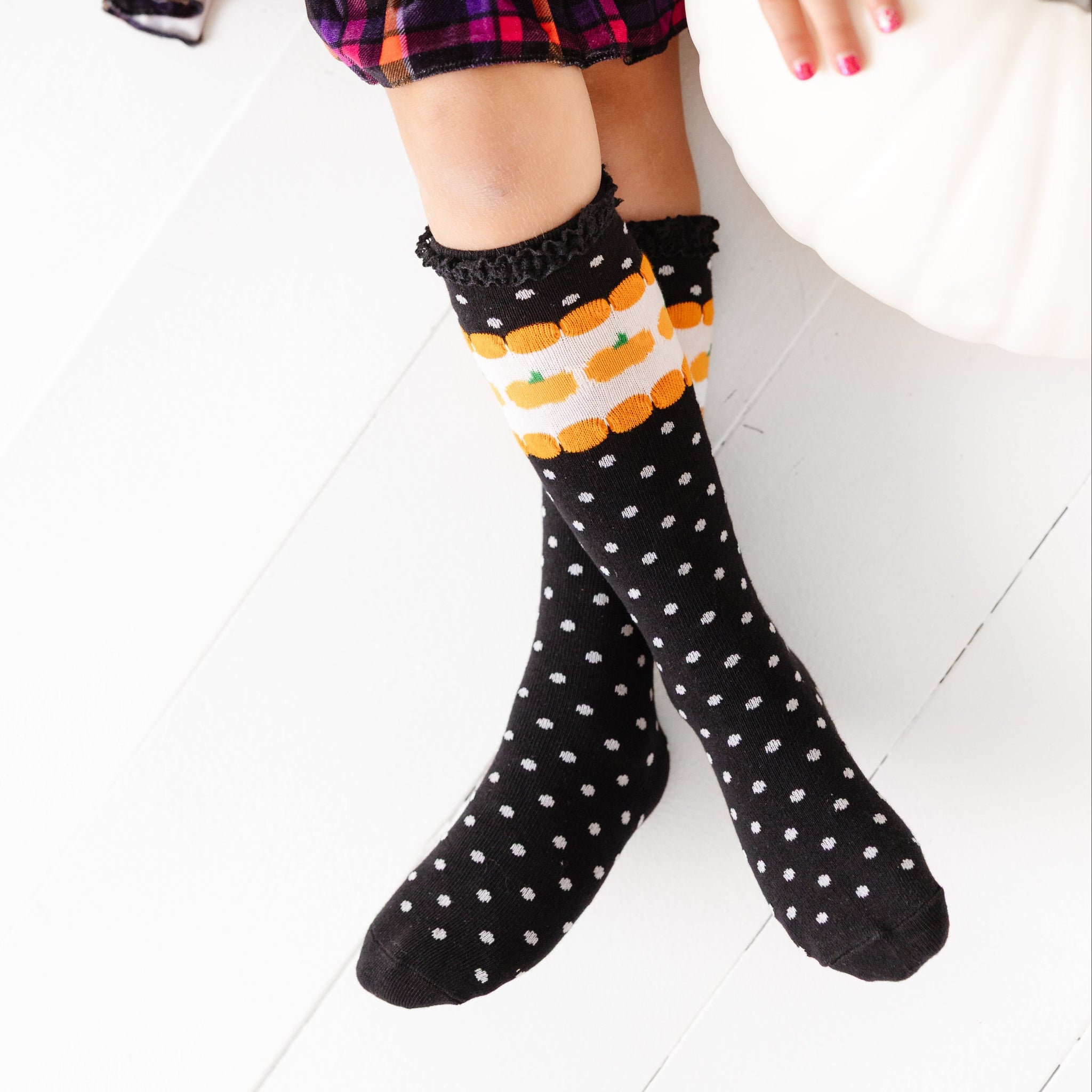Pumpkin Dot Lace Top Knee High Socks