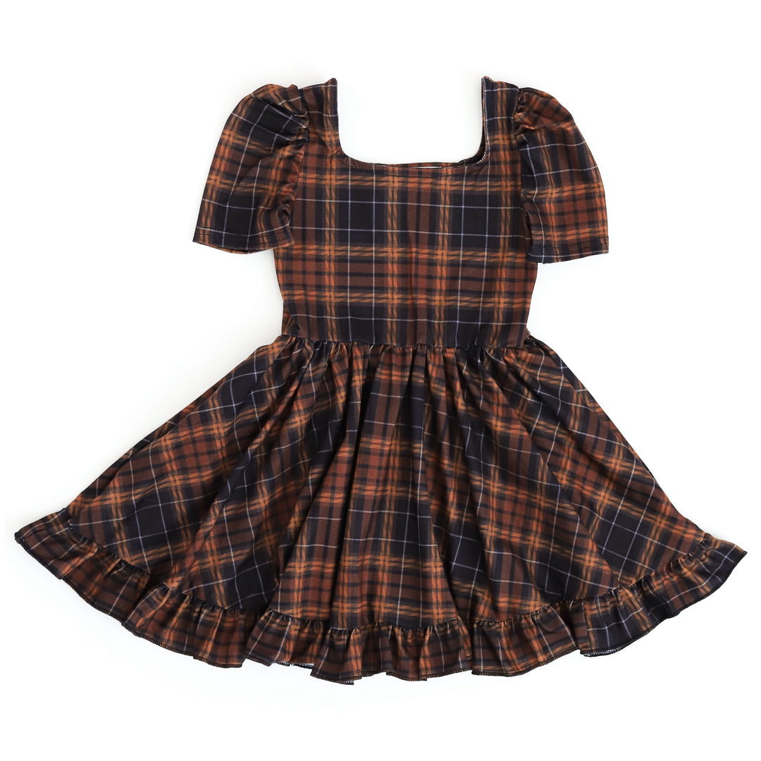 Girls twirl dress in black and brown plaid for Thanksgiving