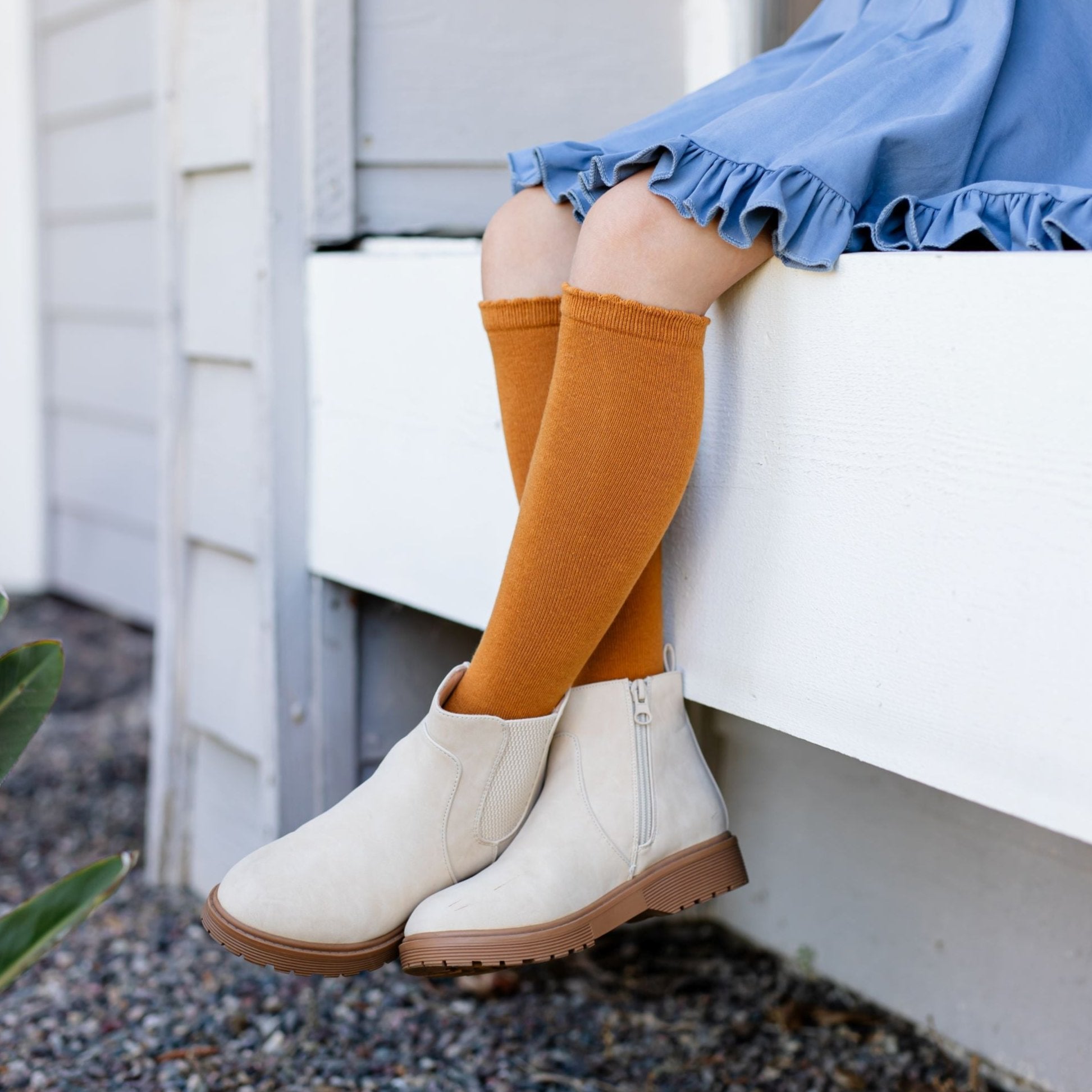 Scalloped Knee High Socks - Mustard