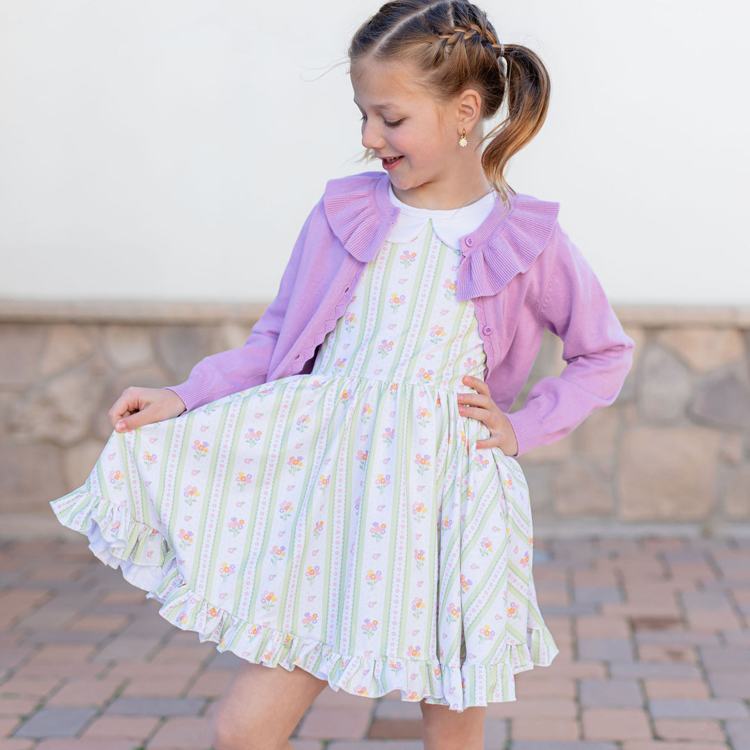 girls easter twirl dress with floral wallpaper print