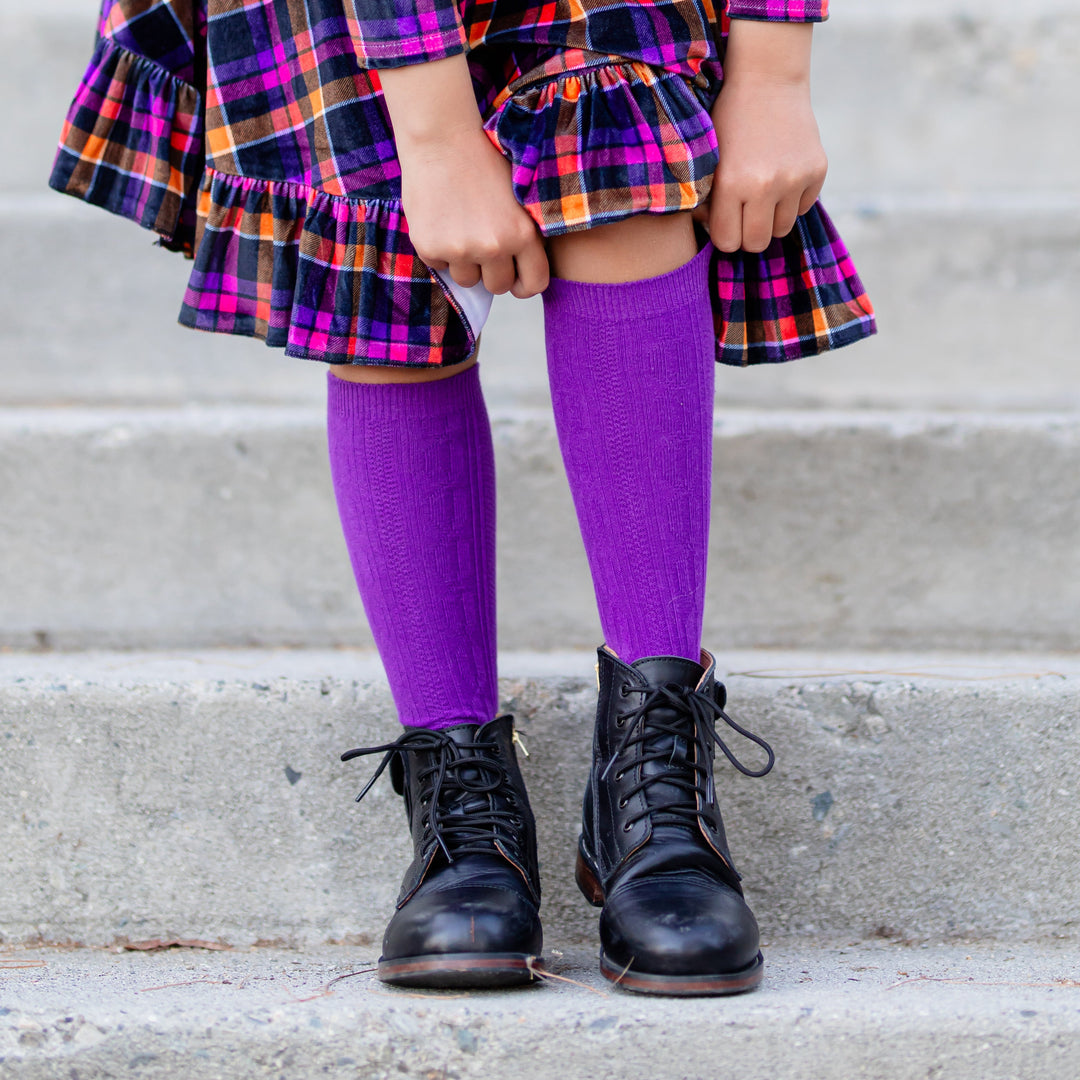 Violet Cable Knit Knee High Socks
