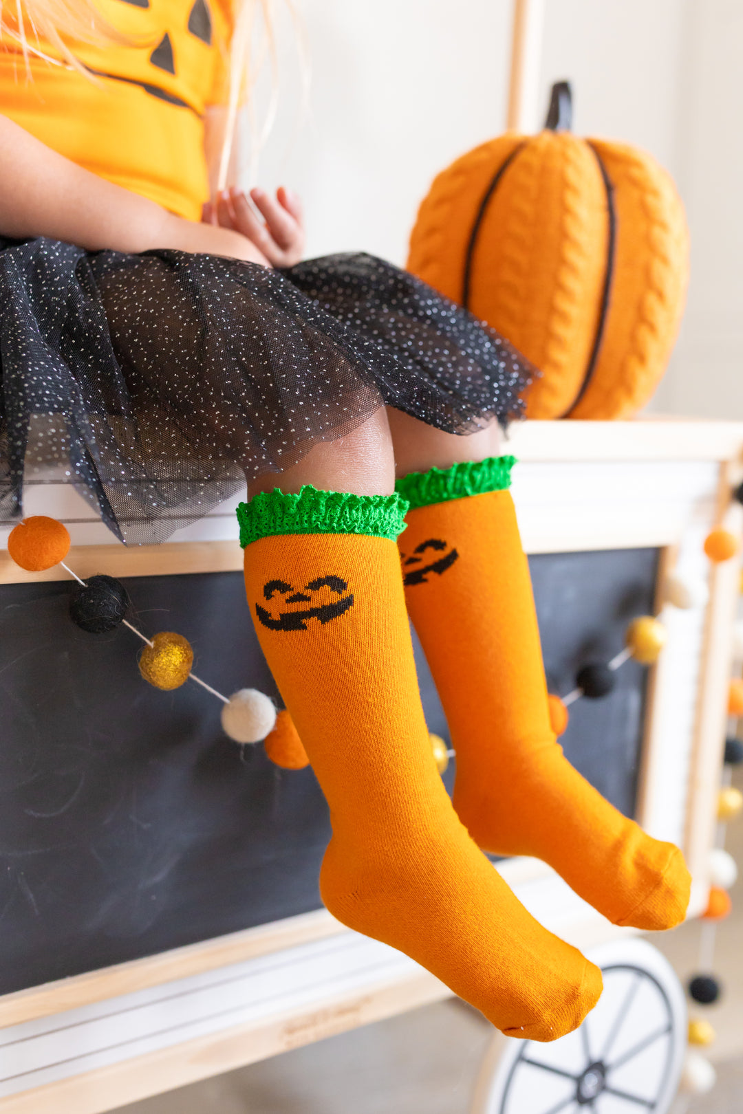 Jack-O-Lantern Lace Top Knee High Socks