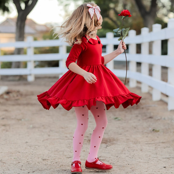 girls red twirl dress with pink and red heart tights