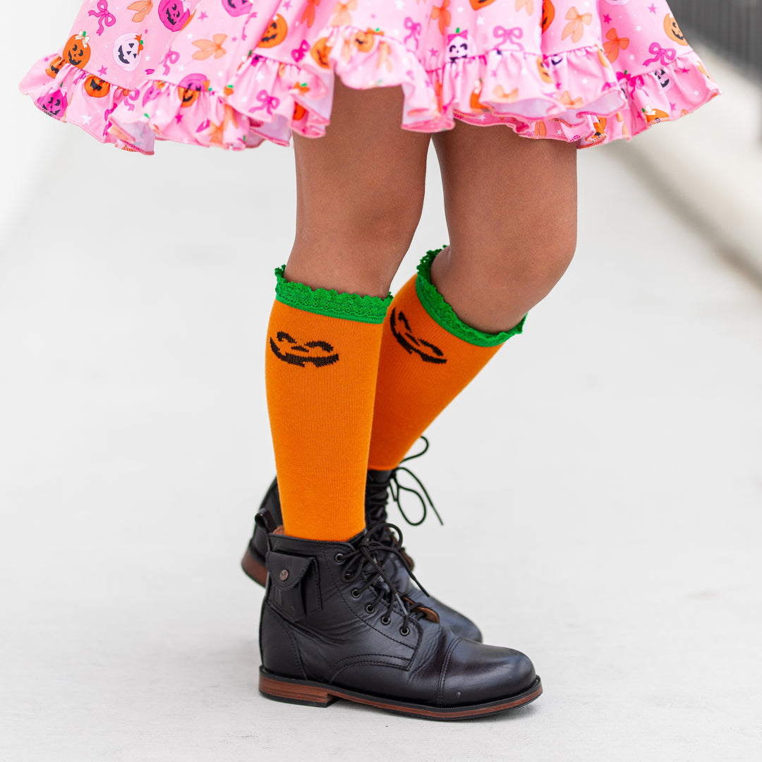 Jack-O-Lantern Lace Top Knee High Socks