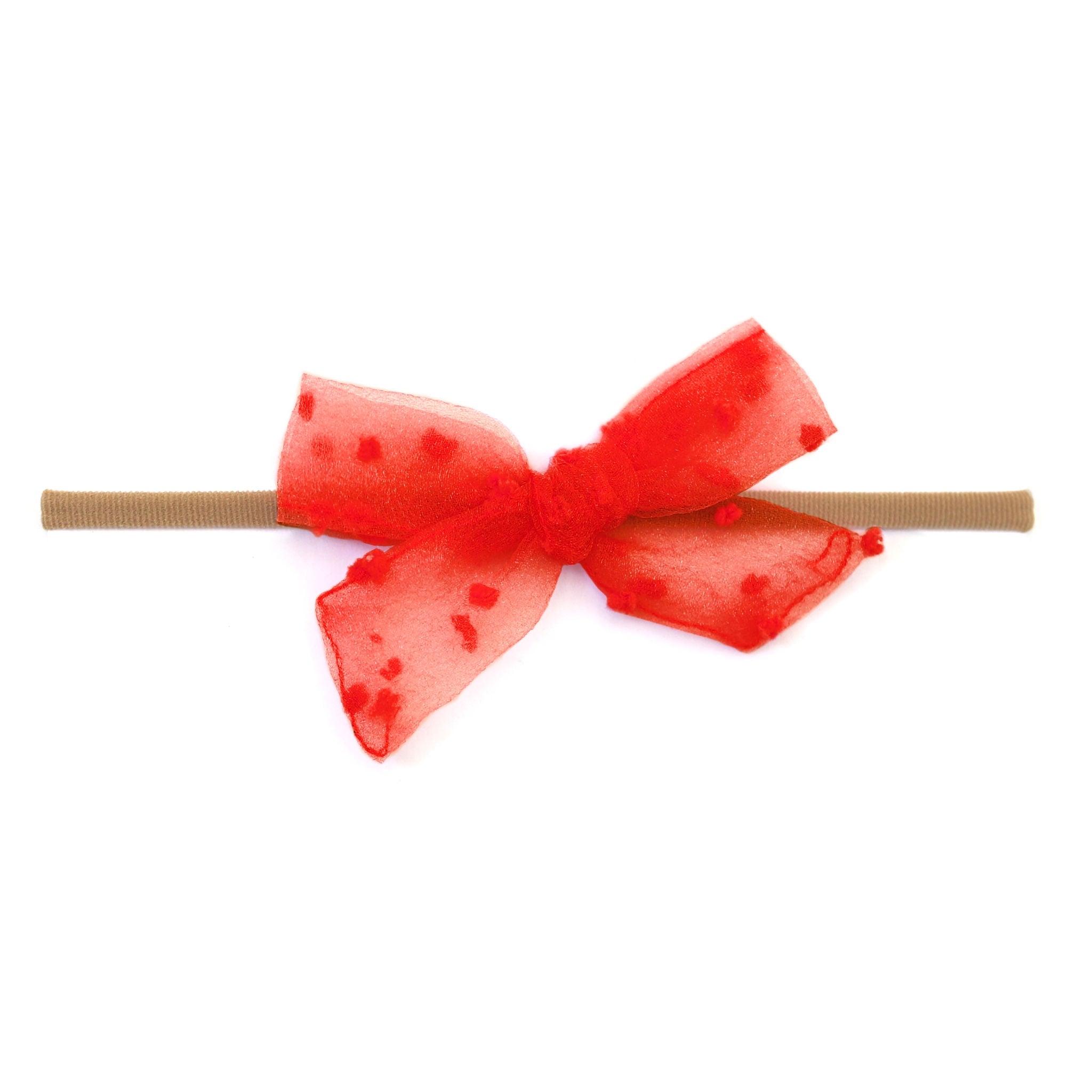 BRIGHT RED SHEER DOT BABY BOW ON NYLON HEADBAND