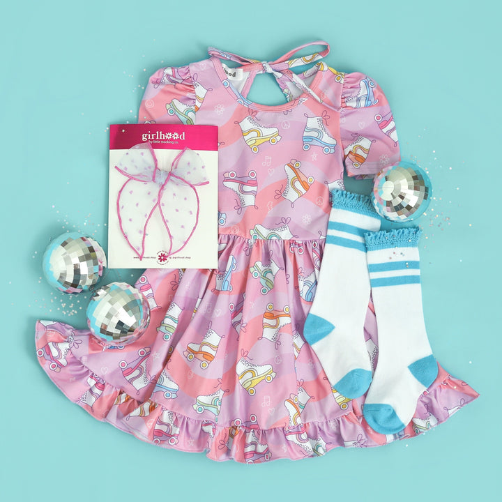 girls' retro roller skating print twirl dress with retro striped knee high socks and cute shimmer lace dot hair bow