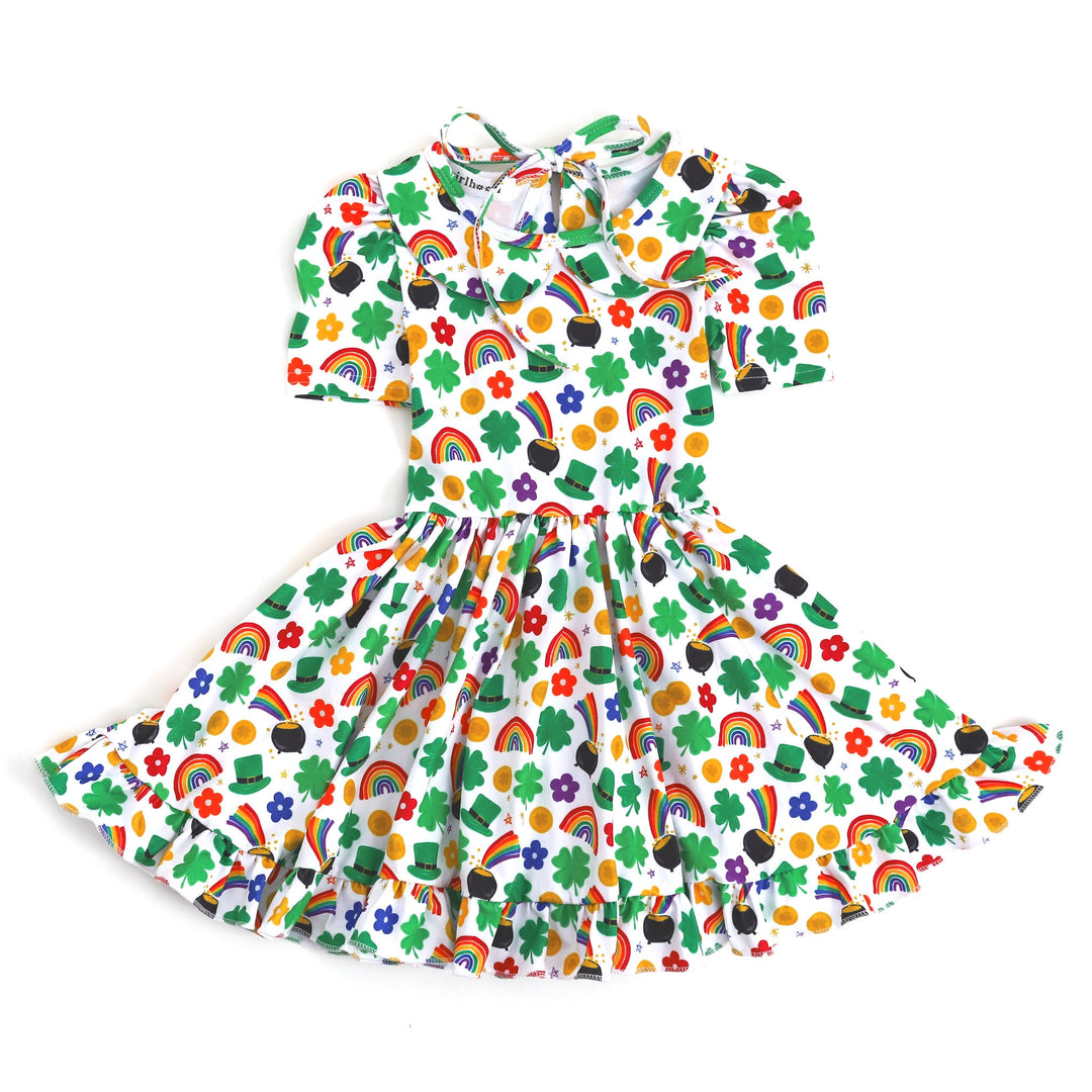 st. patrick's day twirl dress with rainbows, shamrocks, gold coins and pots of gold