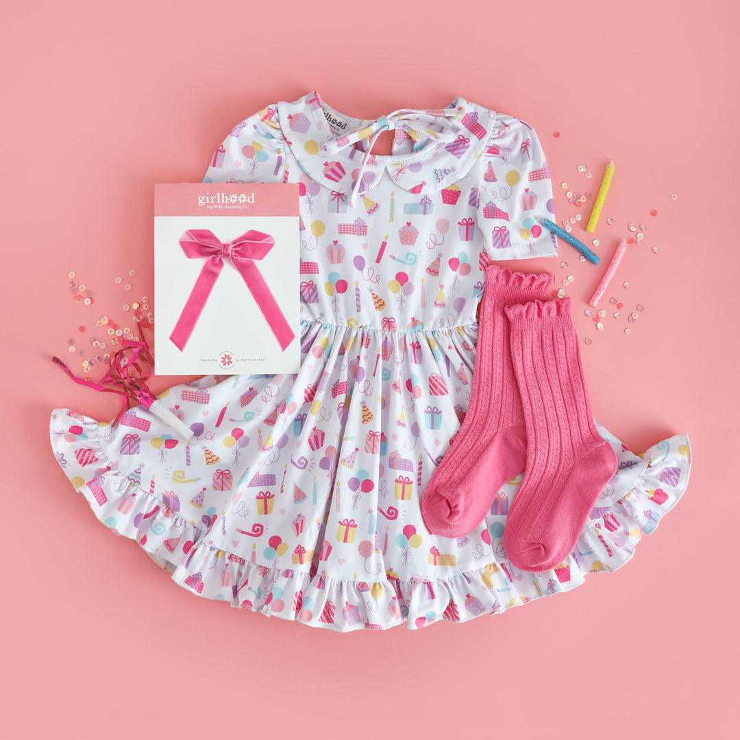 girls' white birthday print twirl dress with matching socks & bow