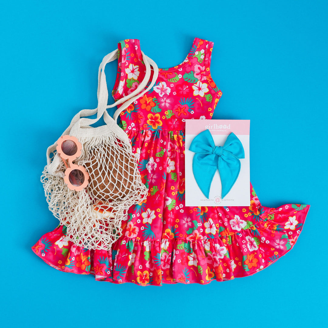 tropical hot pink floral summer dress outfit for little girls