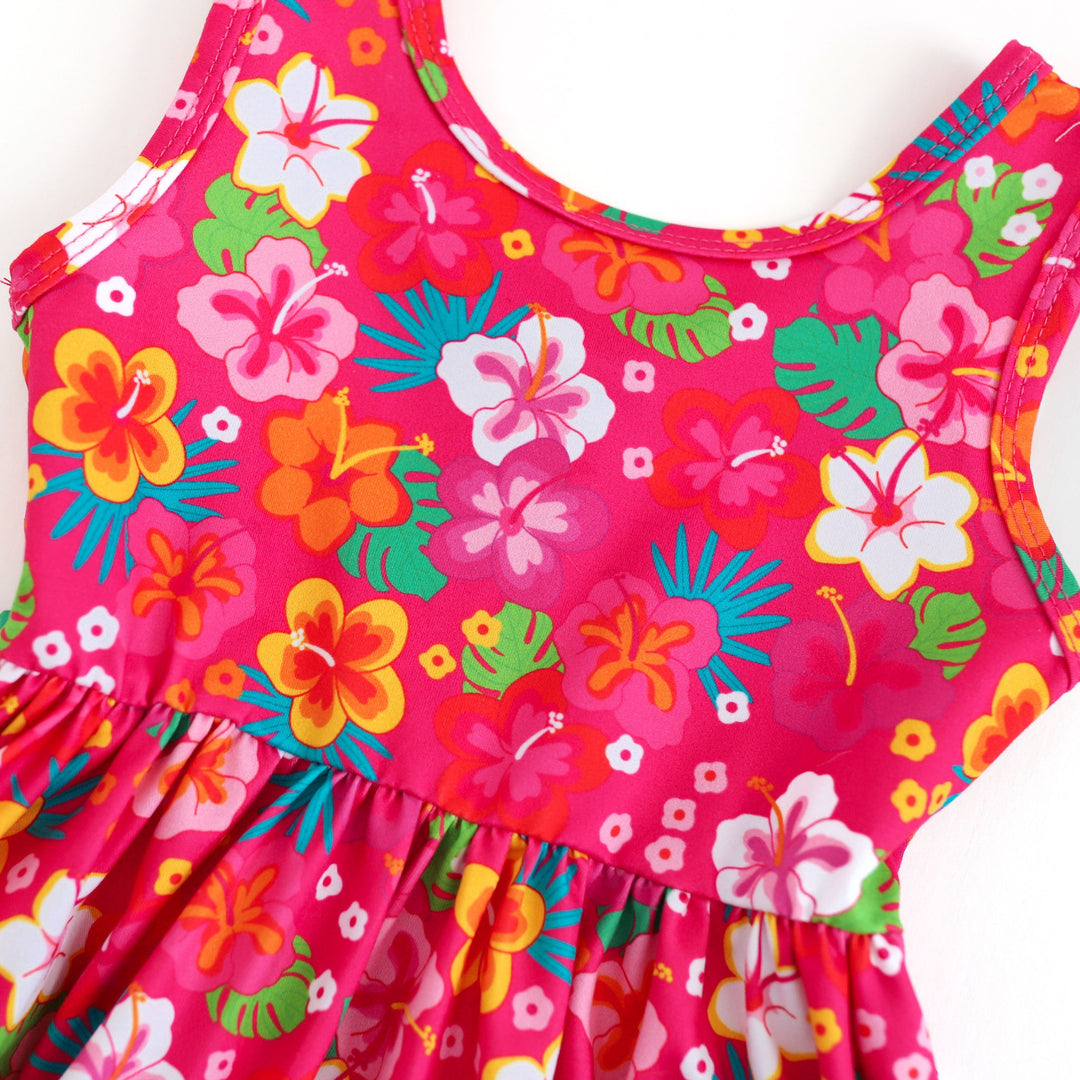 tropical hot pink floral print girls dress detail