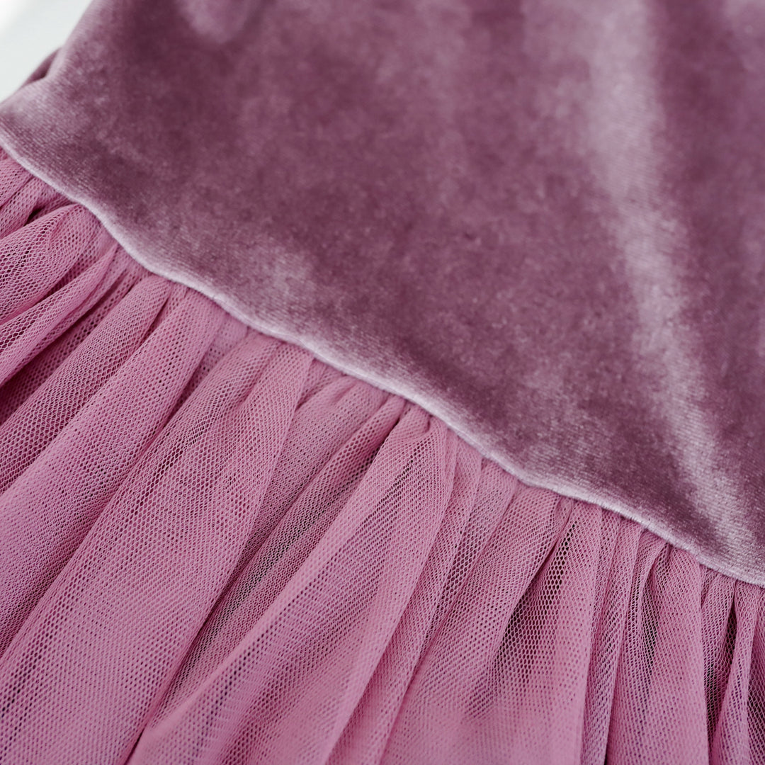 closeup of girls amethyst purple velvet tutu dress