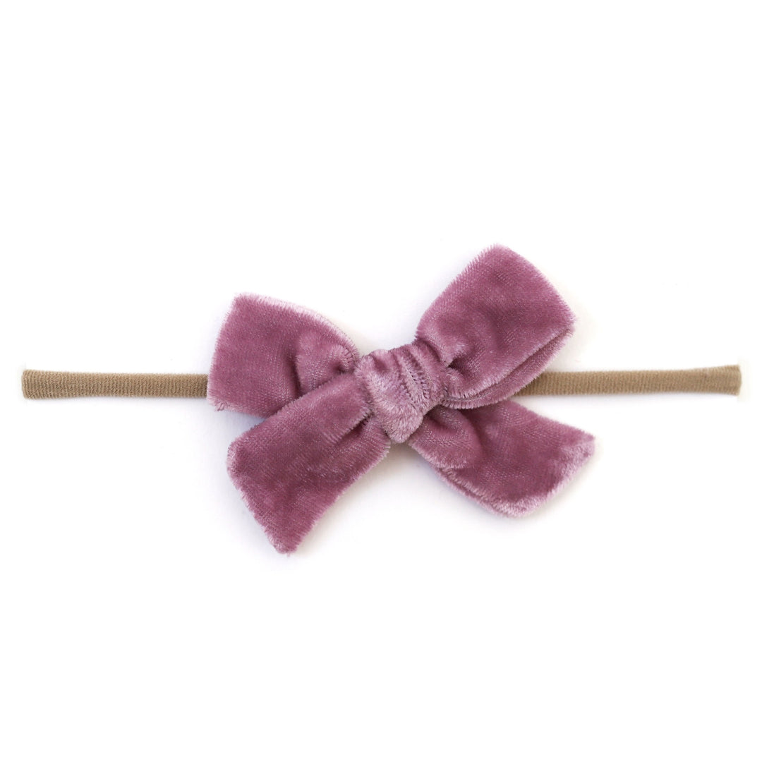 amethyst purple velvet baby bow on nylon headband