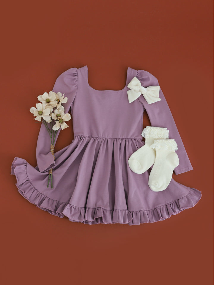 girls fall purple long sleeve cotton blend twirl dress styled with flower bouquet, ivory velvet bow and lace trim ankle socks
