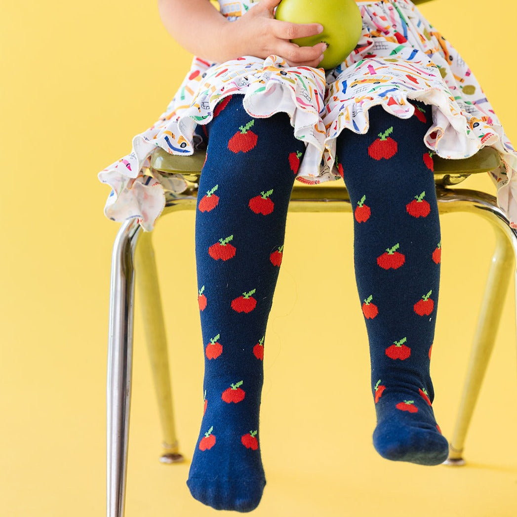 apple knit tights back to school navy with red apples