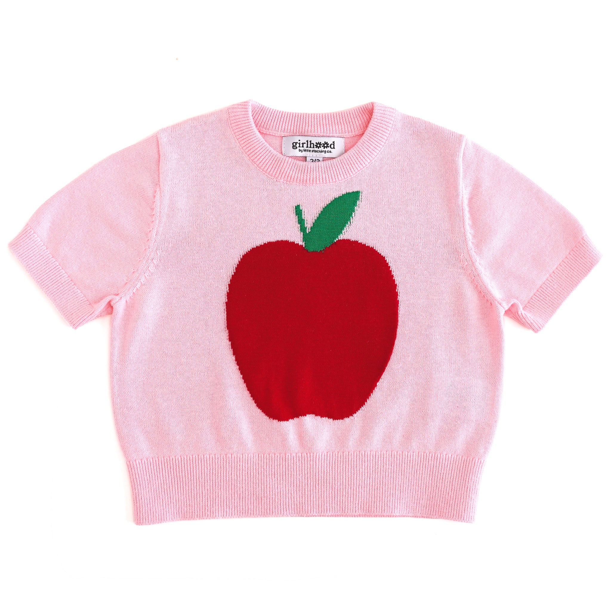 girls pink cotton short sleeve sweater with red apple for back to school
