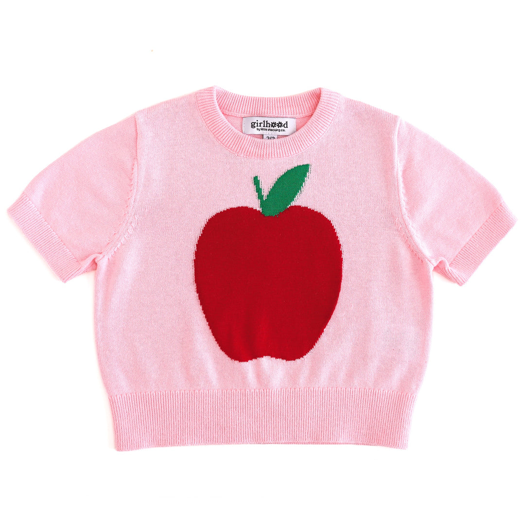 girls pink cotton short sleeve sweater with red apple for back to school