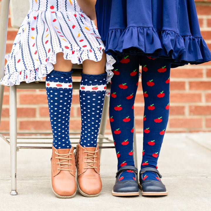 apple patterned knee high socks and knit tights for back to school