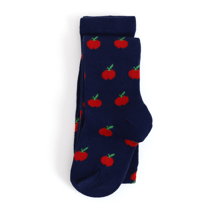 girls' back to school tights in navy blue with cute apple design