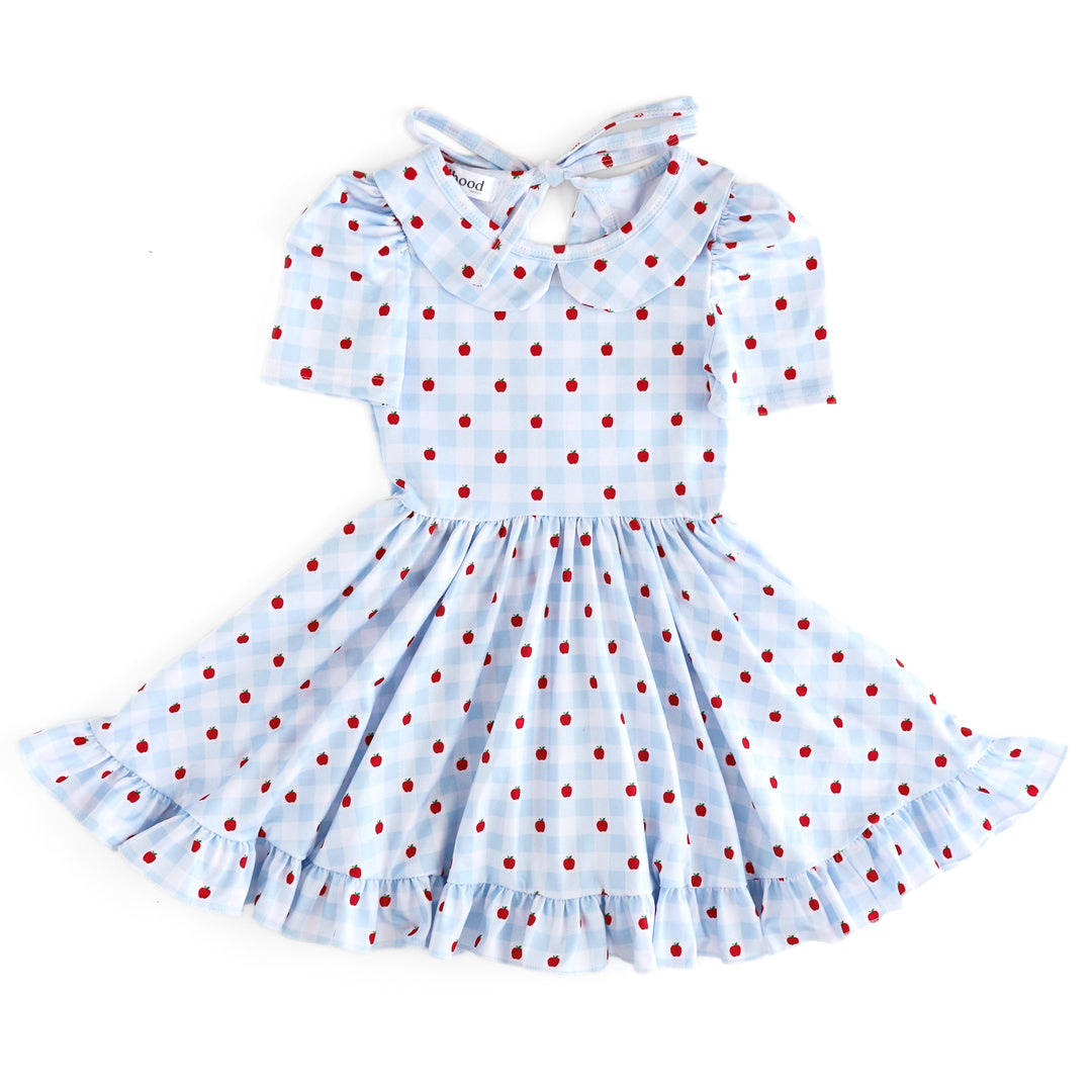 girls light blue and white collared twirl dress with tiny red apple print