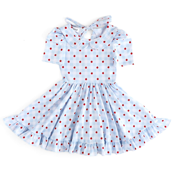 girls light blue and white collared twirl dress with tiny red apple print