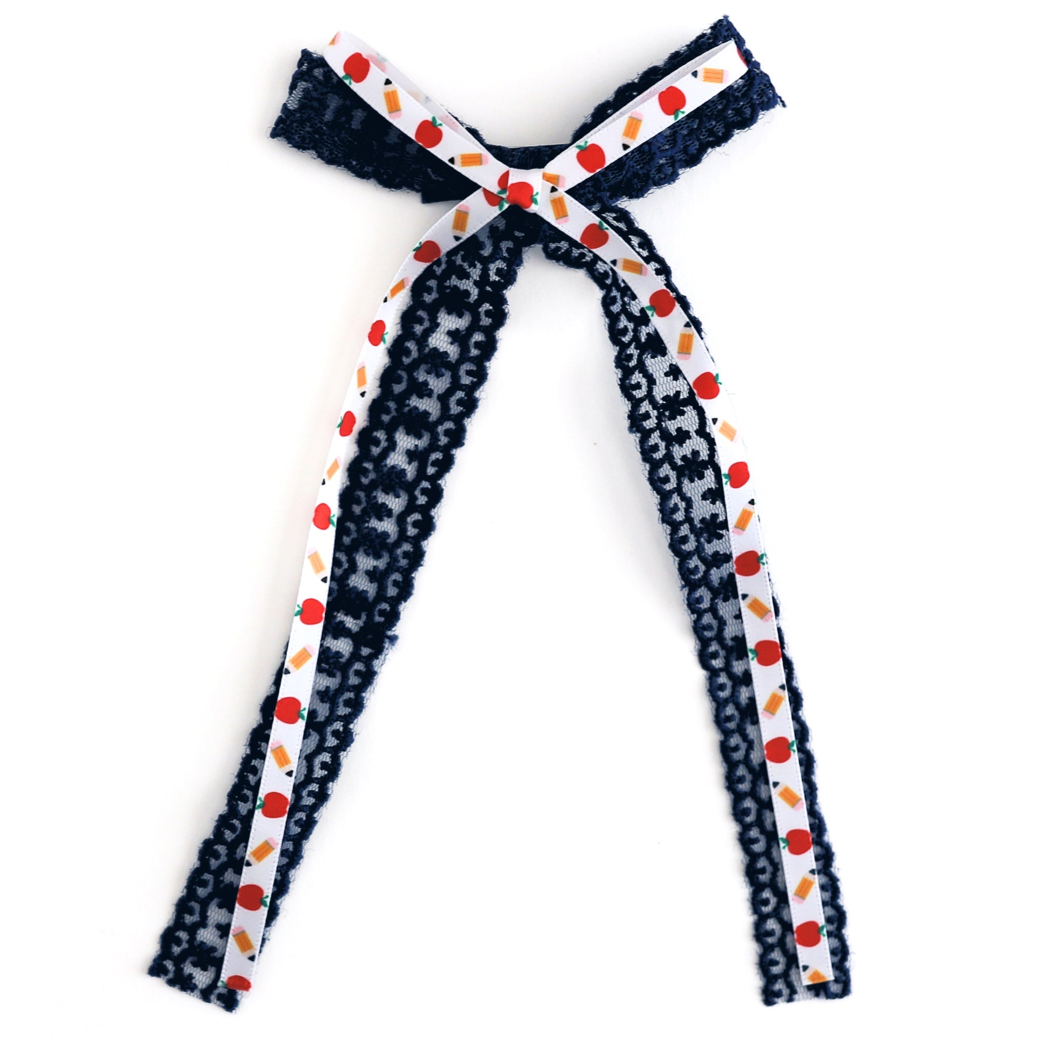 girls' back to school double hair bow with navy lace and pencil and apple print satin ribbon 