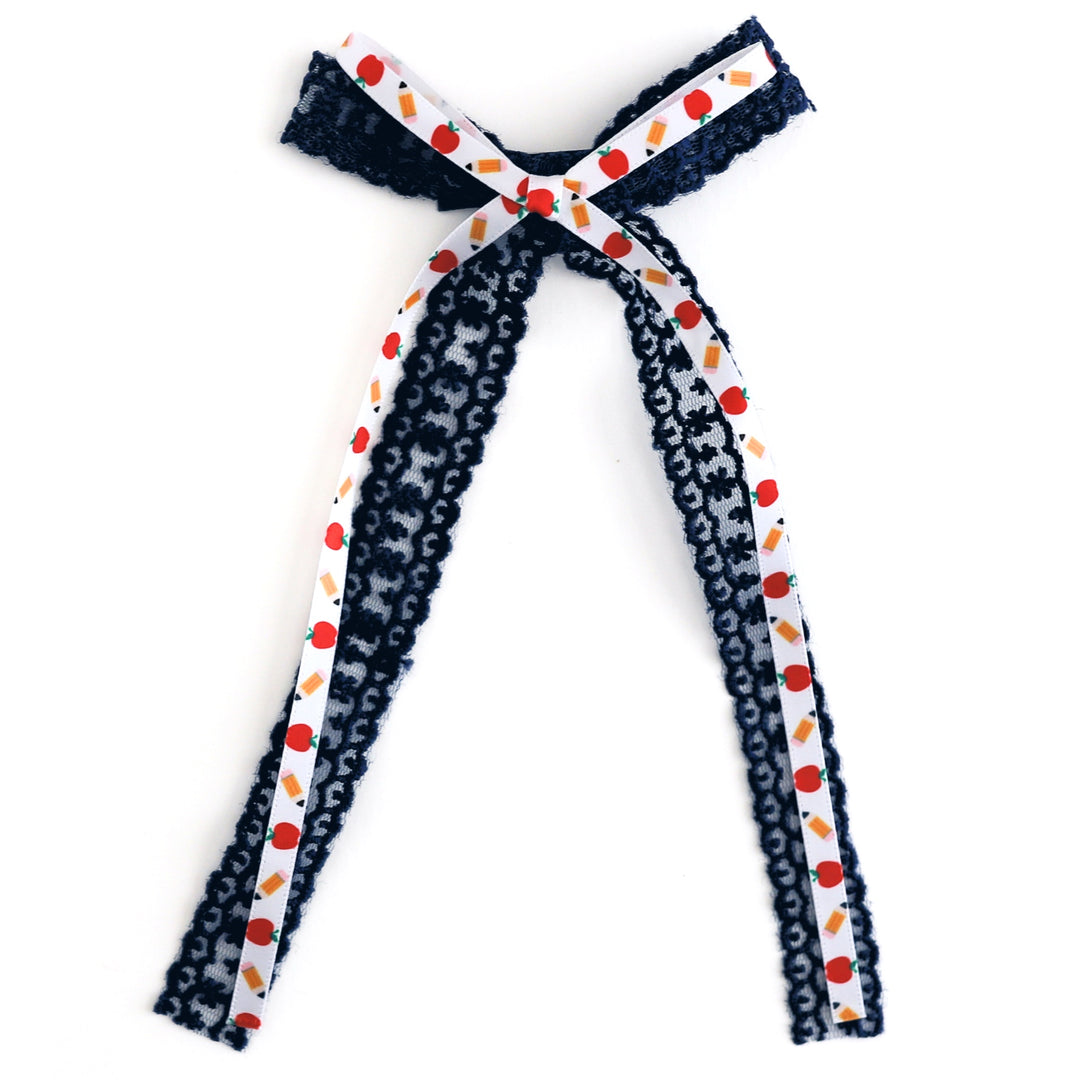 girls' back to school double hair bow with navy lace and pencil and apple print satin ribbon 
