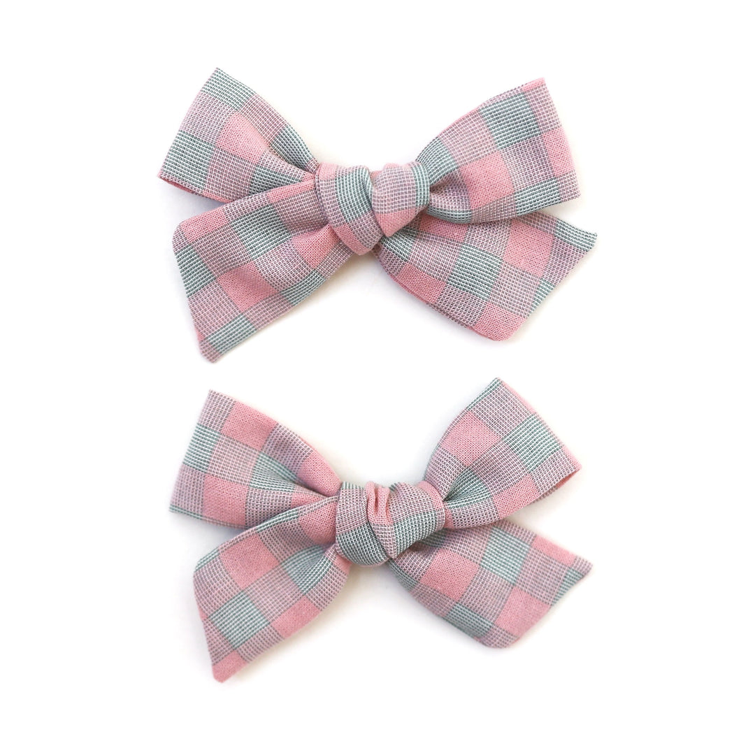 aqua blue and pink gingham pigtail bows