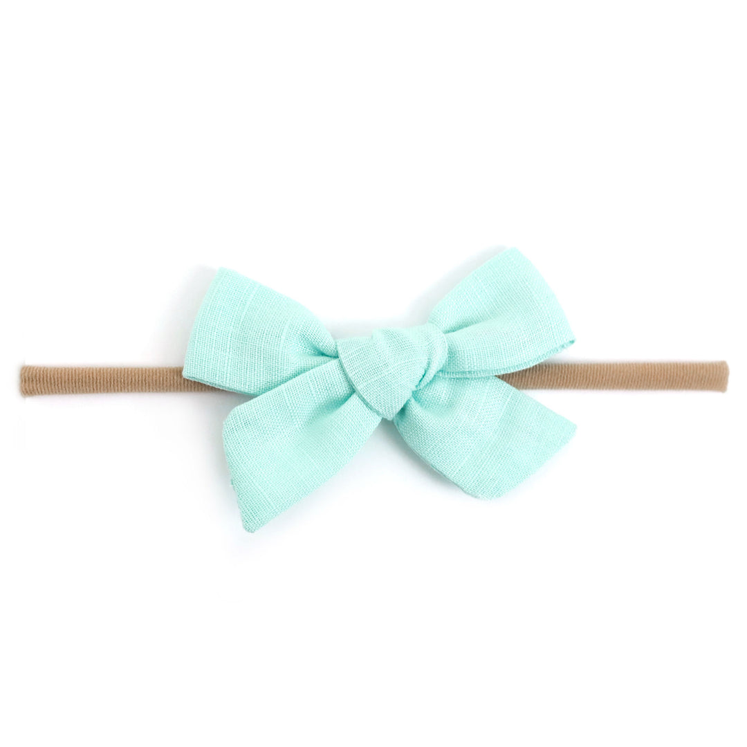 aquamarine linen baby bow on nylon headband